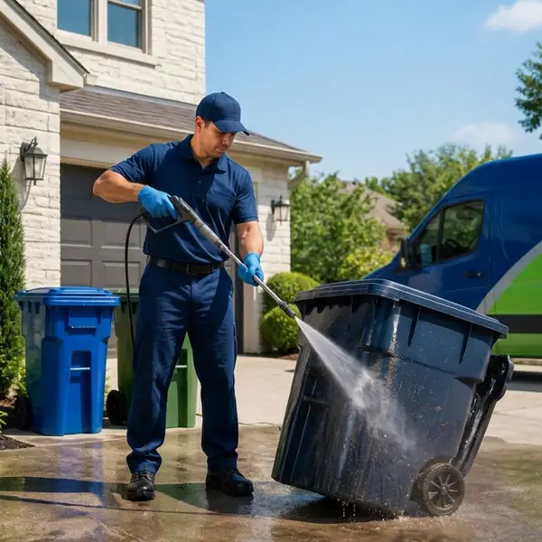 Mr. Softwash technician pressure washing a residential trash can on a driveway in Bluffton, SC